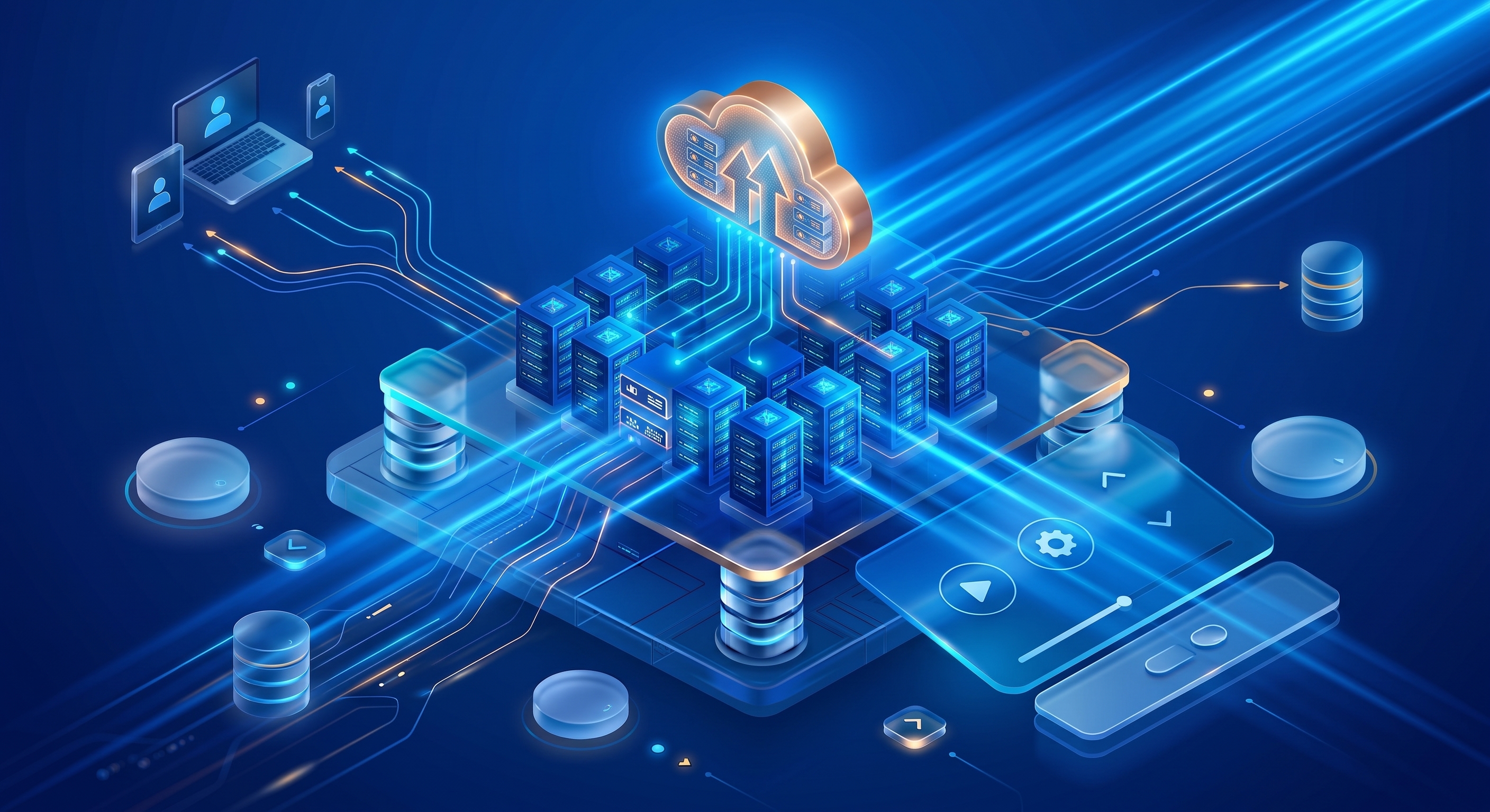 Isometric illustration of cloud servers, storage, and connected devices representing Manditek's cloud solutions