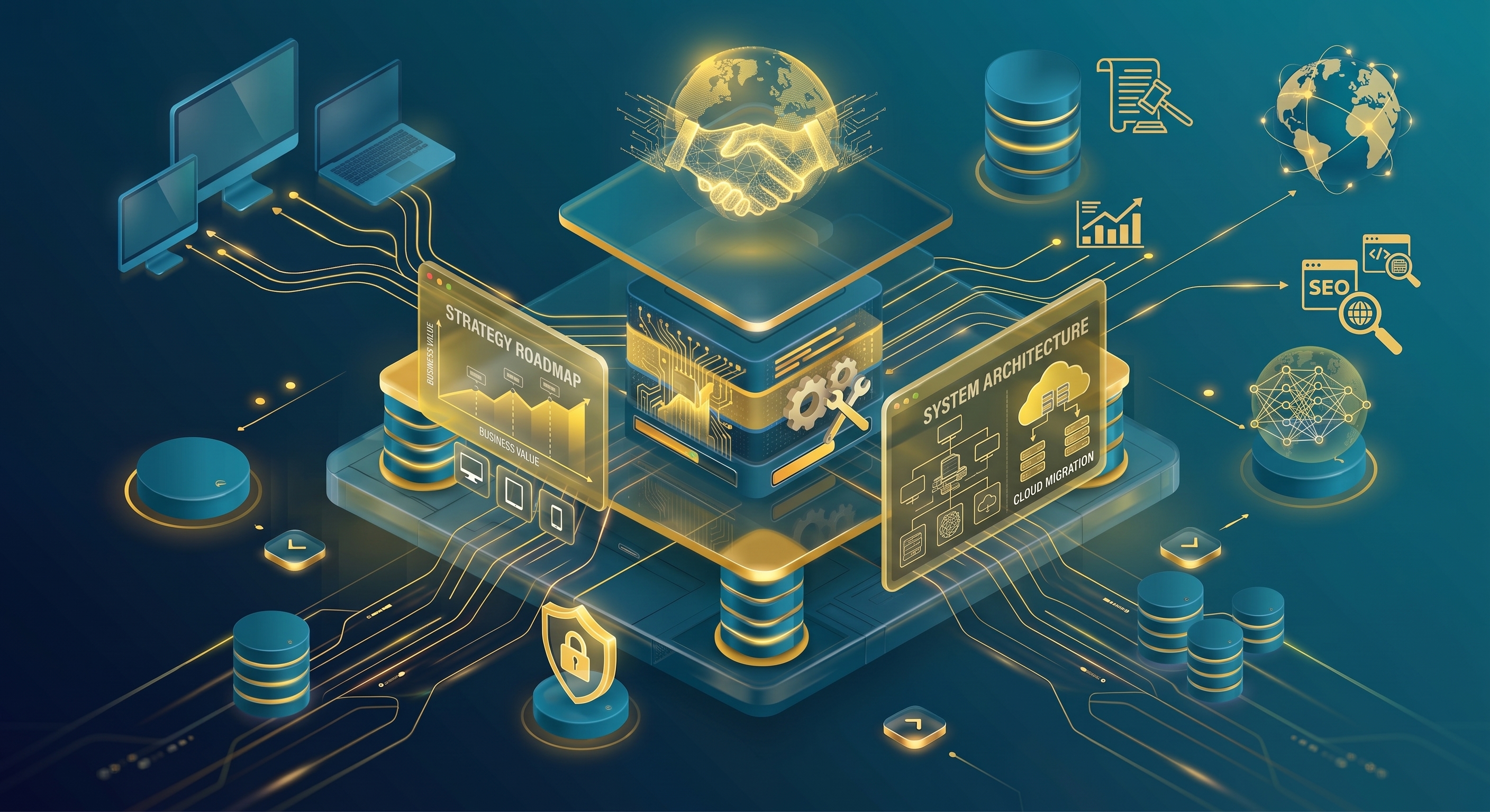 Isometric illustration of a strategy roadmap, system architecture, and a handshake representing Manditek's IT consulting