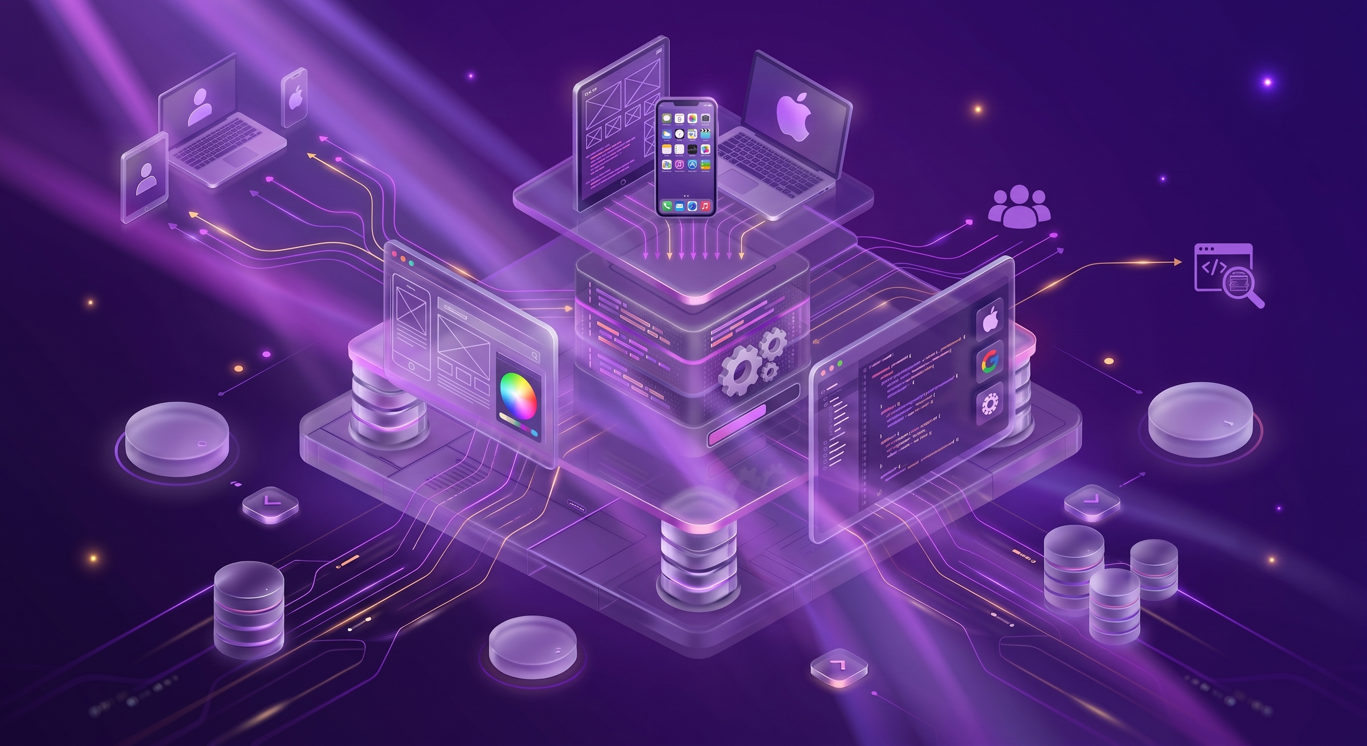 Isometric illustration of mobile app screens, devices, and design tools representing Manditek's mobile development