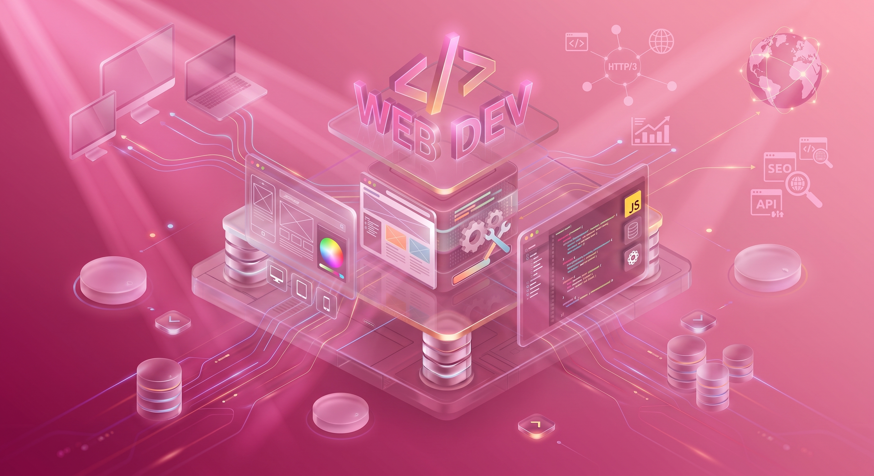 Isometric illustration of browser windows and code representing Manditek's web development